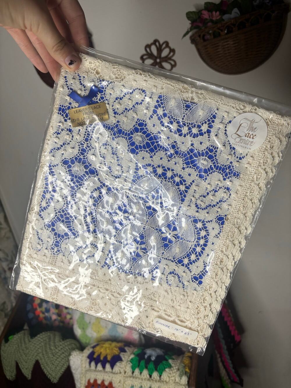 NIP Nottingham Leavers Lace Centre Runner 14x63 White Cream Made in England VTG